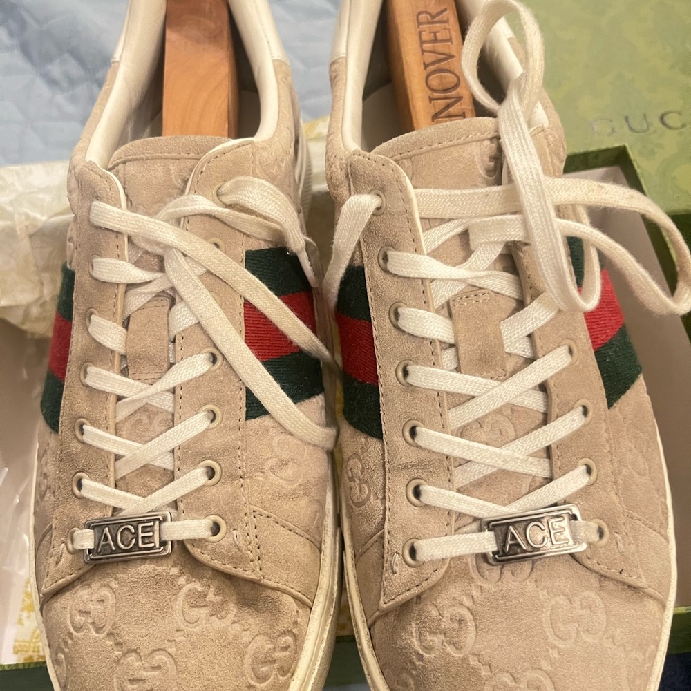 Authentic Gucci Beige Suede ACE Sneakers with Red & Green Web! Beautiful 🇮🇹👟8.5 - Picture 5 of 14